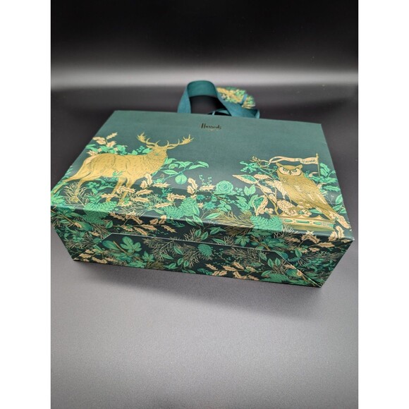 Harrods Knightsbridge London Medium Gift Bag Green w/ Deer/Elk & Owl - Picture 4 of 6